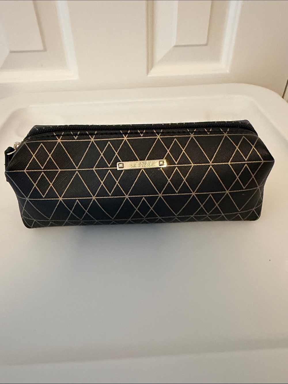 Stella & Dot Black Cosmetic Pouch with Gold Geometric Print